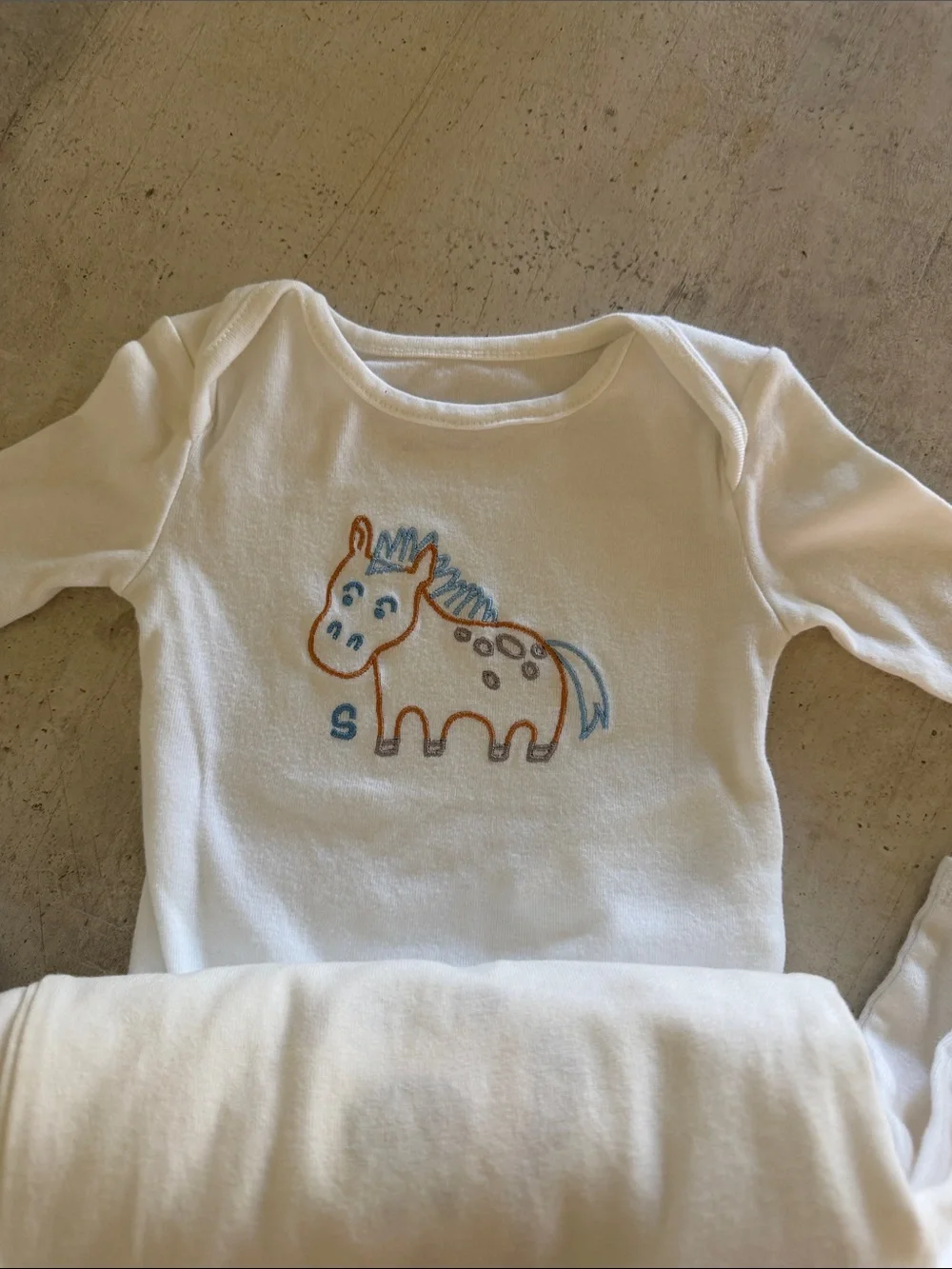 White Long-Sleeve Baby Bodysuit with horse motif ( days of week, complete set)